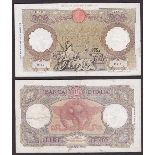 Biglietti di banca 100 Lire 1943 Roma guerriera B.I.