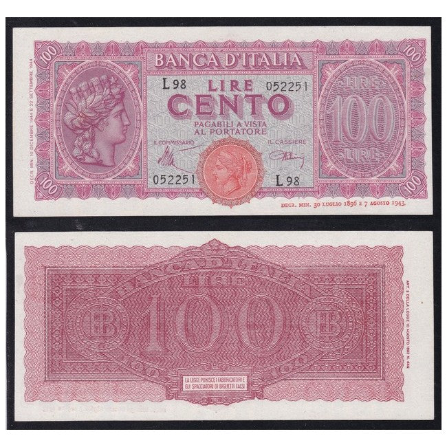 Biglietti di banca 100 Lire 1944 Italia turrita