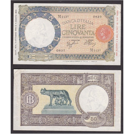 Biglietti di banca 50 Lire 1943 Lupetta capitolina  B.I.