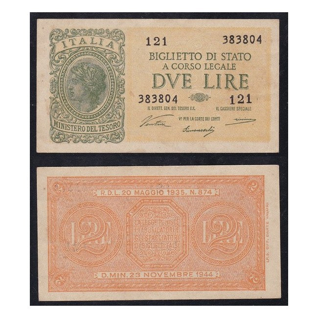 Biglietti di stato 2 Lire 1944 Italia Laureata