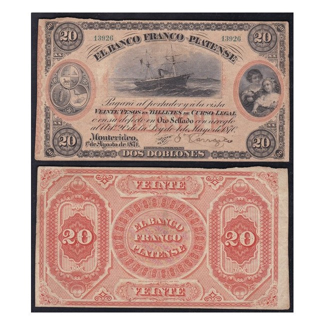 Uruguay 20 Pesos - 2 Doblones 1871